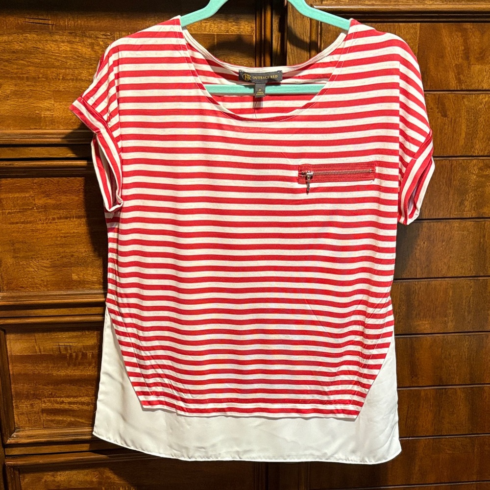 Outback Red Red and White Striped Short Sleeve Top
